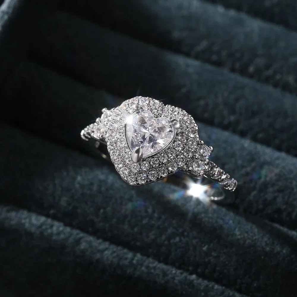 😍Diamond Heart CZ Shiny 14k White Gold Luxury Macro Pave Ring for Women, K852 - Picture 6 of 11